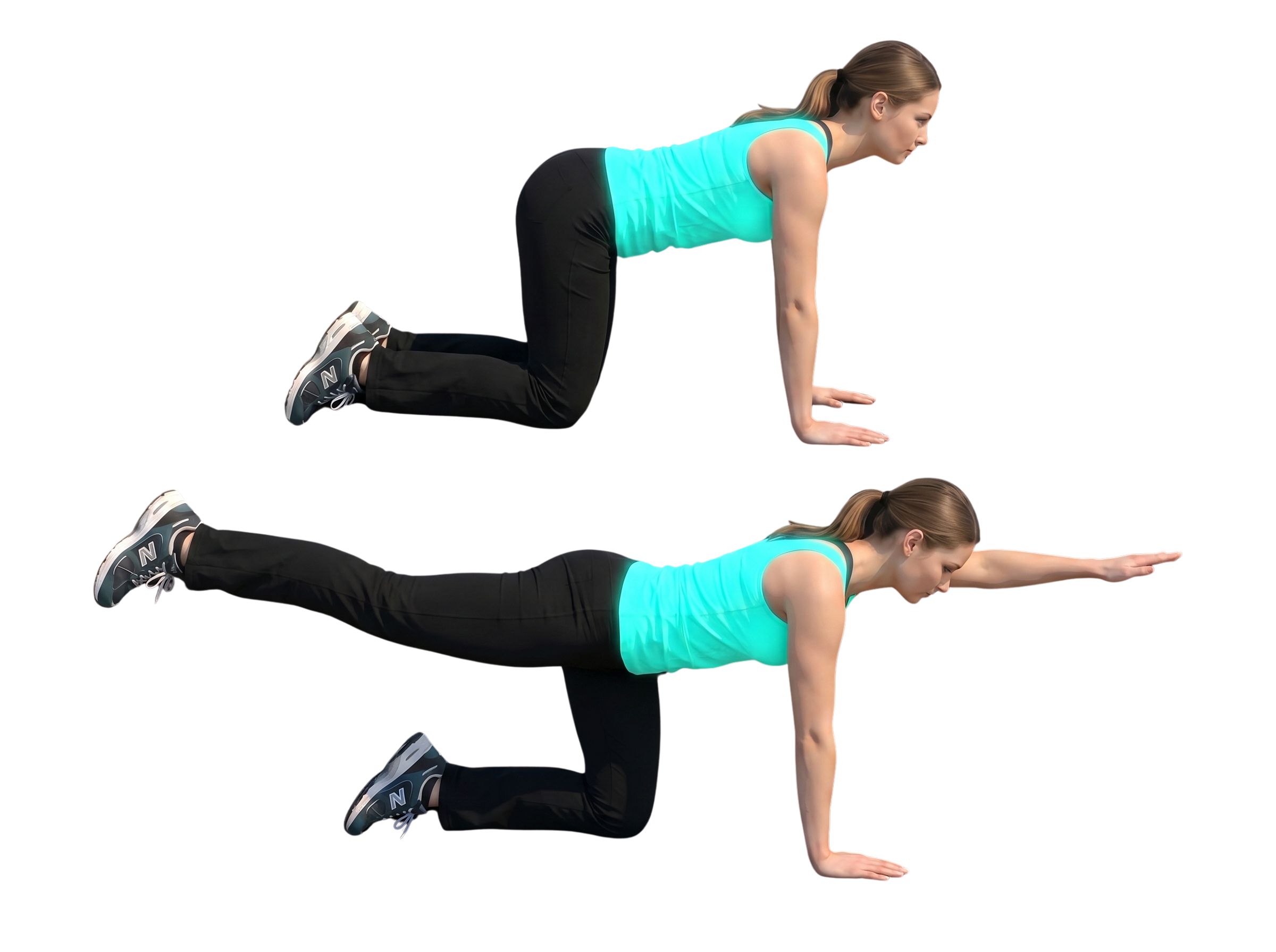 Person demonstrates two positions of the bird dog exercise