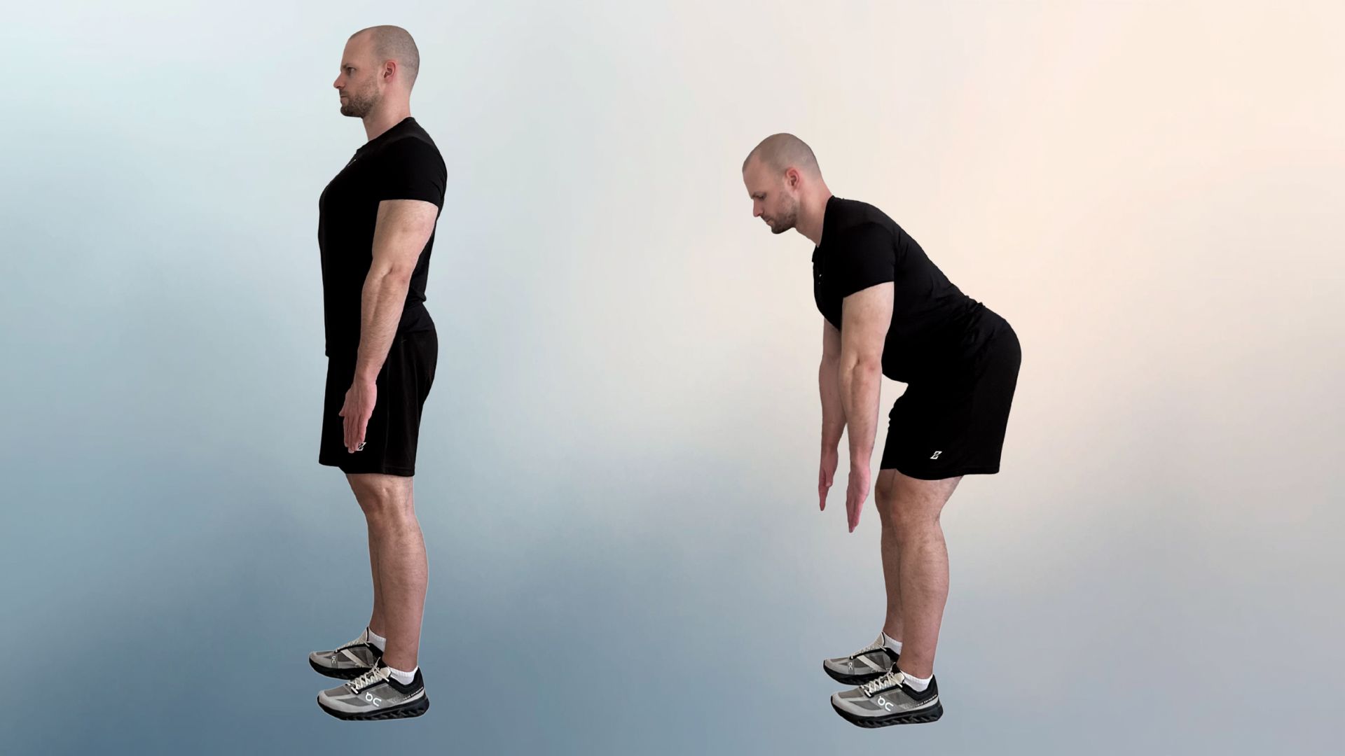 Homme montre deux positions du mouvement de flexion de la hanche