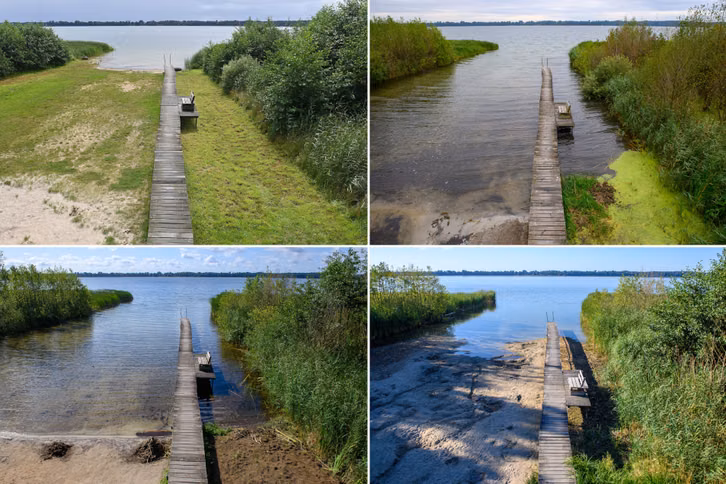 Ein "ganz normaler Sommer"? So sieht Deutschland 2026 im Klimawandel aus Vier Fotos zeigen denselben Steg mit Bank am Ufer eines Sees, aufgenommen zu verschiedenen Jahreszeiten oder Wetterbedingungen.
