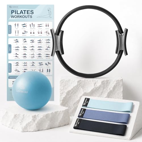 Lionscool Pilates Ring Set 14" Magic Circle, 9" Mini Ball, Resistance Bands