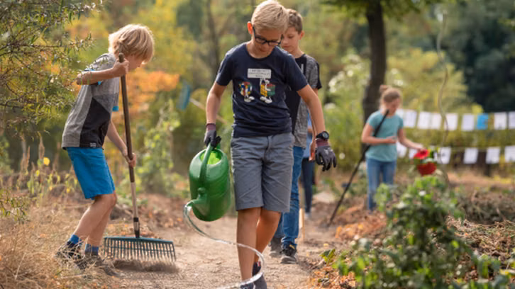 GEMUES1 Quatre enfants travaillent dans le jardin: un garçon aux cheveux blonds ratisse le sol, un autre garçon arrose avec un arrosoir vert, derrière deux autres enfants, l’un tenant un arrosoir rouge. L’environnement est vert avec des arbres et des plantes.