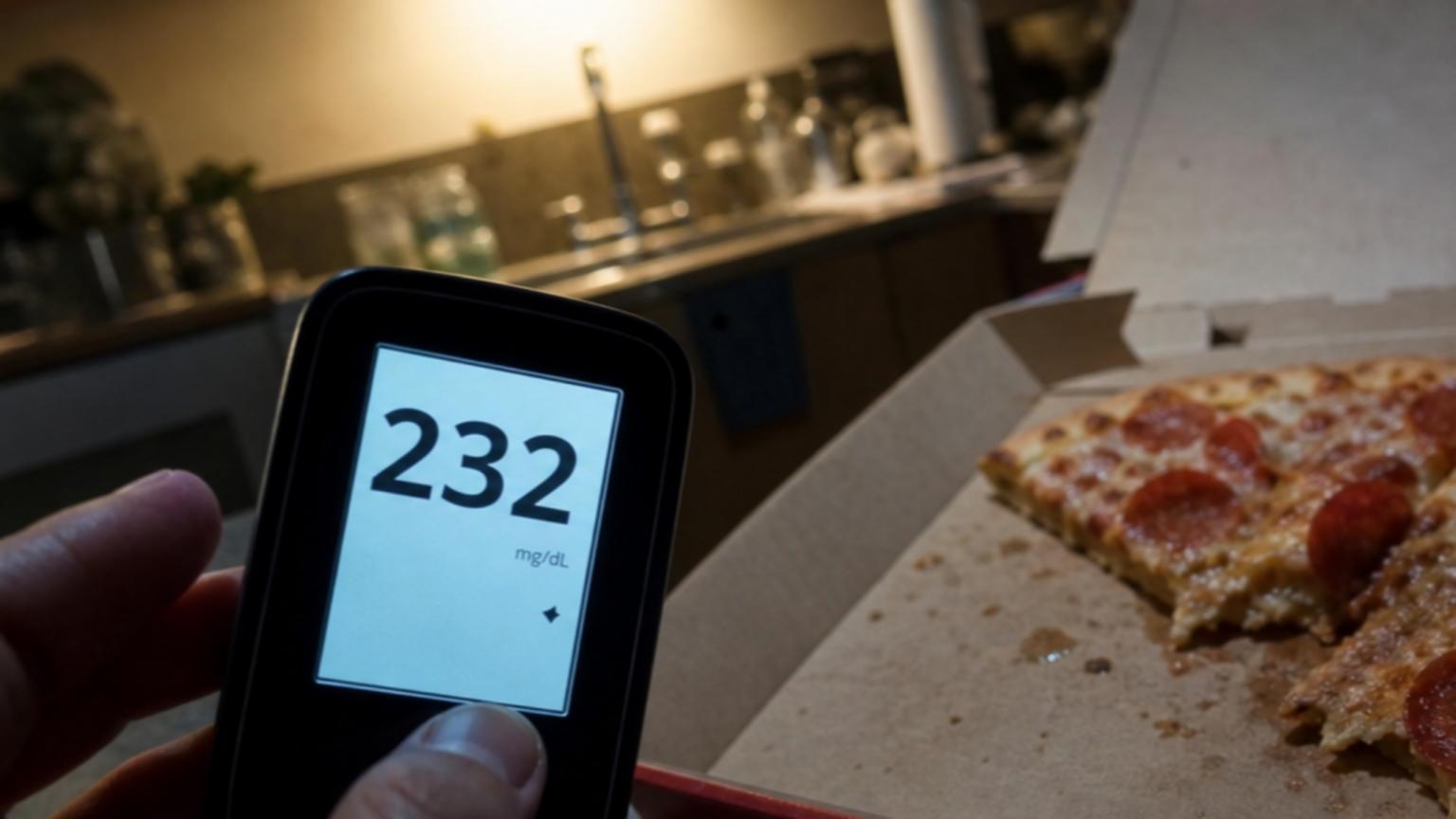 A dimly lit kitchen at night, with a pizza box open on a counter. B…