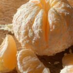A peeled clementine sits on a rustic kitchen table, its white albed…
